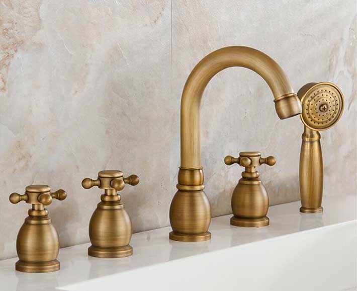 Reno 5pcs Bathtub Faucet in Antique Brass Deck Mount Bath Mixer Tap with Hand Shower